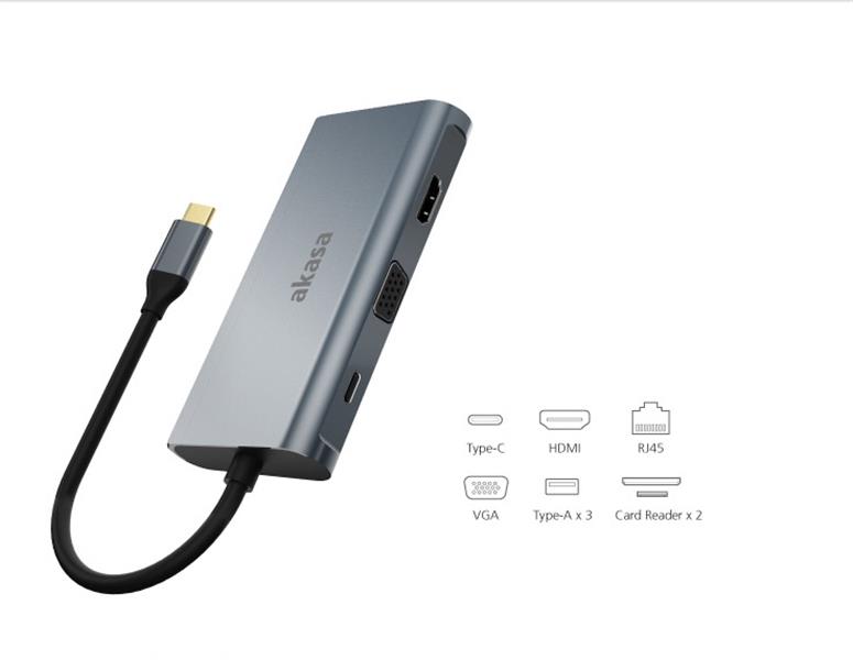 Akasa USB C 3 1 9 in 1 Dock USB C Power HDMI VGA 3x USB A 3 0 RJ45 SD Micro SD Card Reader *USBCM *USBCF *VGAF *HDMIF *RJ45F *USBAF *SDF *MSDF