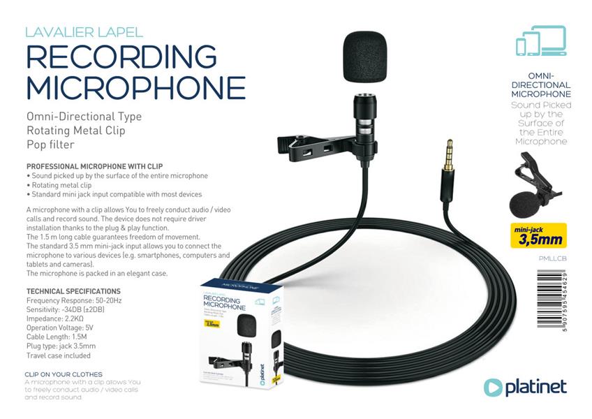Platinet omni-directionele microfoon met clip en pop-filter kabel 1 5 m