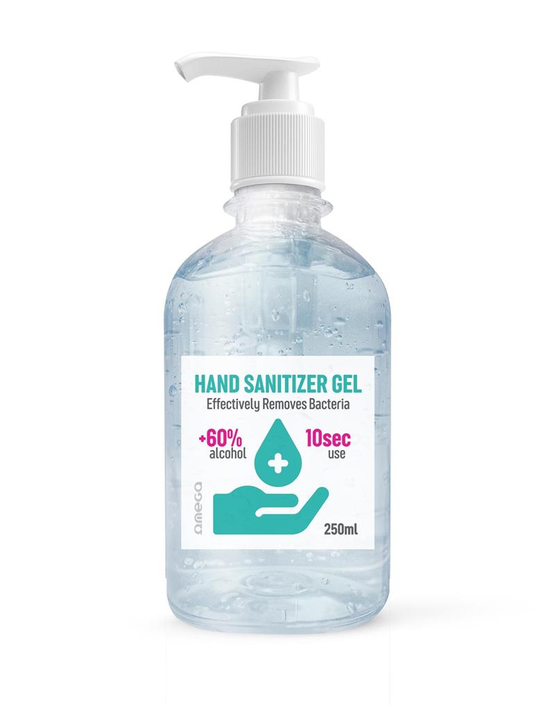 Omega hand desinfectie gel 250ml met handig pompje 60% alcohol 