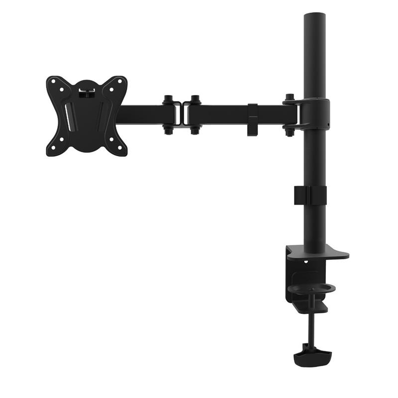 Omega enkelvoudige monitor arm voor bureaus en tafels 180 graden full motion voor 13 tot 27 inch schermen Vesa 75 100 standaard zwart