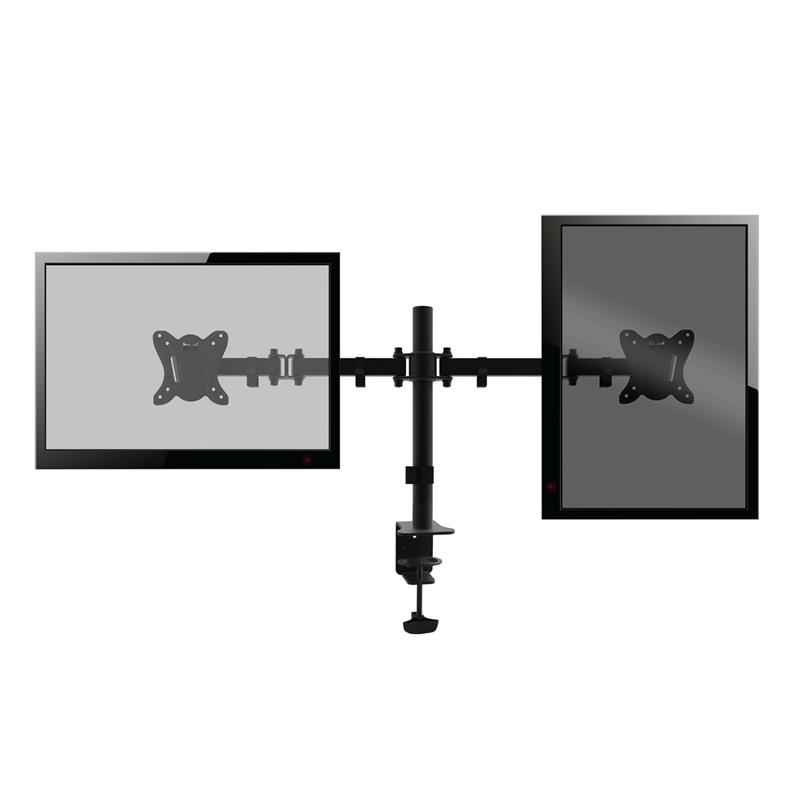 Omega Dubbele monitor arm voor bureaus en tafels voor twee 13 tot 27 inch schermen Vesa standaard 75 100 rotate tilt zwart
