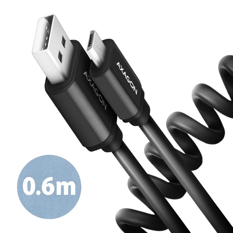 AXAGON Twister cable Micro USB <-> USB-A 0 6m USB 2 0 2 4A ALU PVC Black *USBAM *MUSBBM