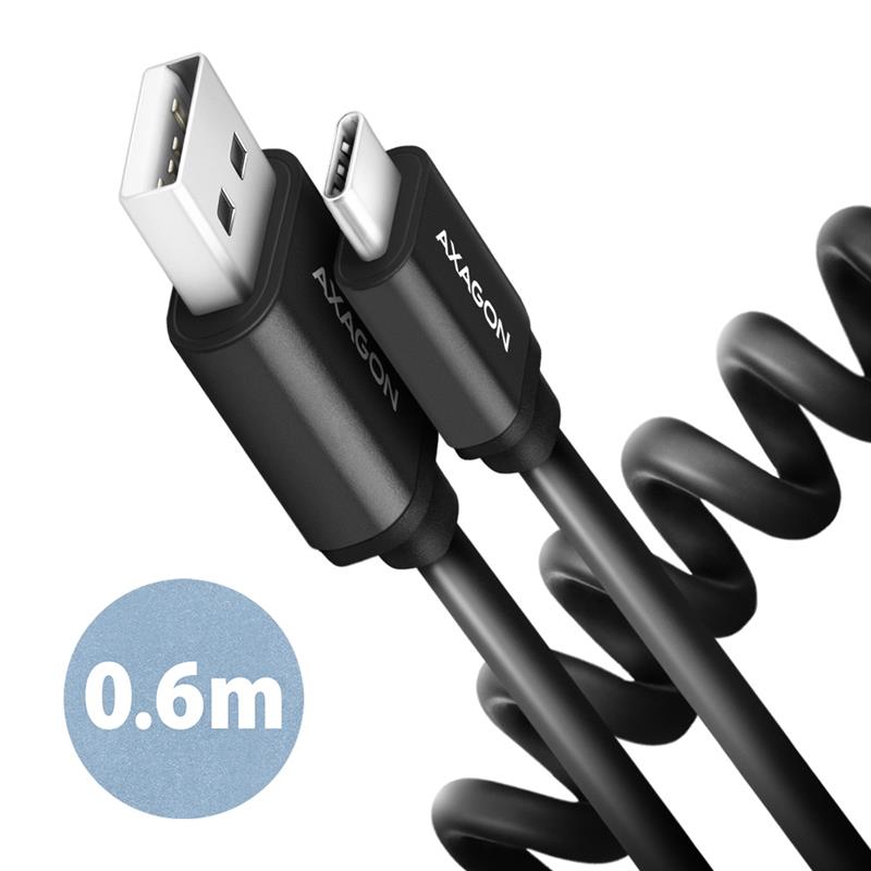 AXAGON Twister cable USB-C <-> USB-A 0 6m USB 2 0 2 4A ALU PVC Black *USBAM *USBCM