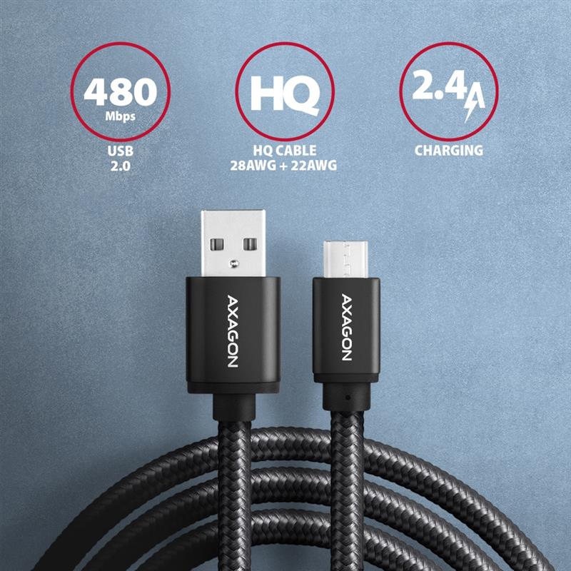 AXAGON HQ Cable Micro USB <-> USB A 1m USB 2 0 2 4A ALU braid Black *USBAM *MUSBBM