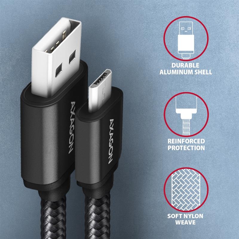 AXAGON HQ Cable Micro USB <-> USB A 1m USB 2 0 2 4A ALU braid Black *USBAM *MUSBBM