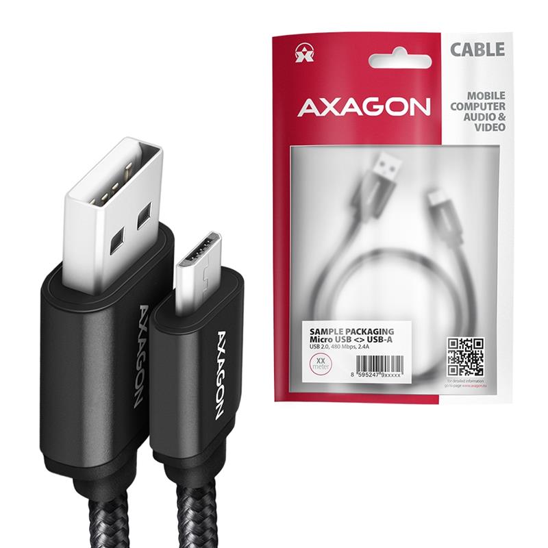 AXAGON HQ Cable Micro USB <-> USB A 1m USB 2 0 2 4A ALU braid Black *USBAM *MUSBBM