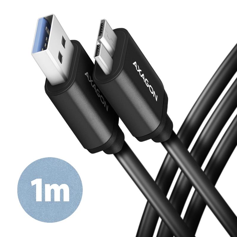 AXAGON cable Micro-B USB <-> USB-A 3 2 Gen 1 1m 3A ALU PVC Black *USBAM *MICROBM