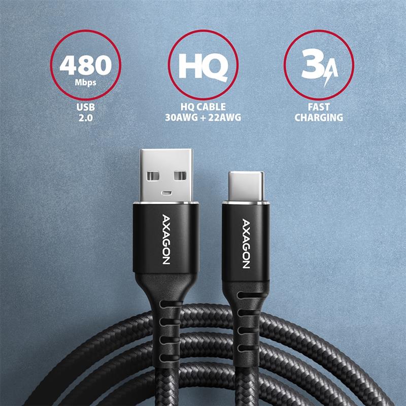 AXAGON cable USB-C <-> USB-A 1m USB 2 0 3A ALU braid Black