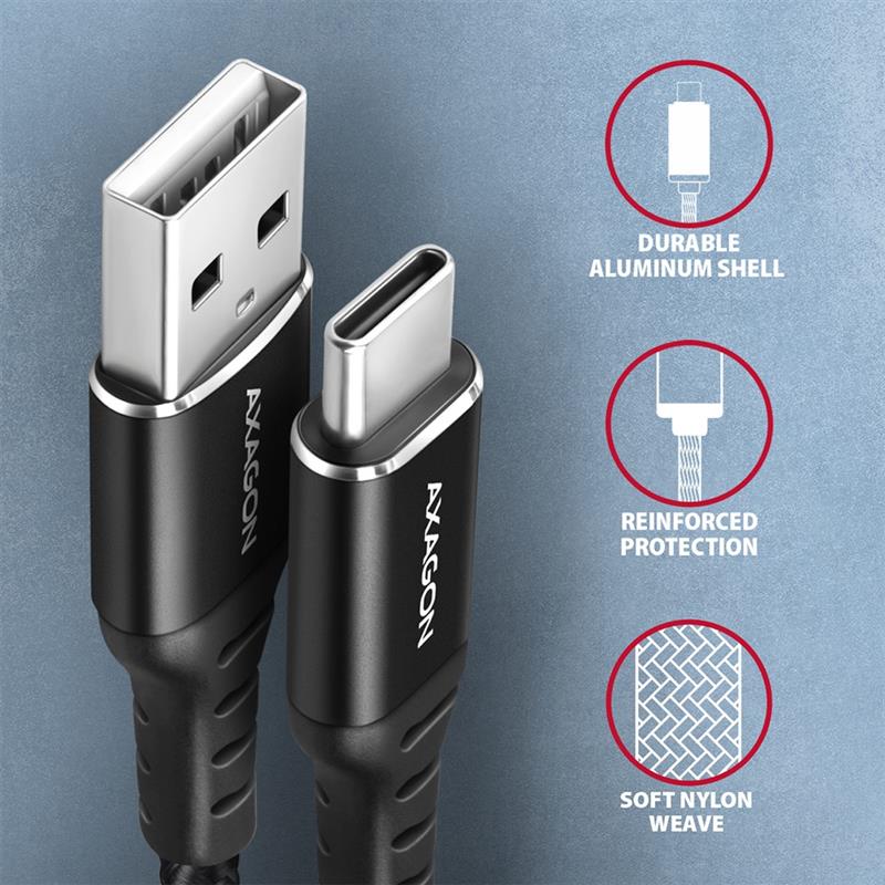 AXAGON cable USB-C <-> USB-A 1m USB 2 0 3A ALU braid Black