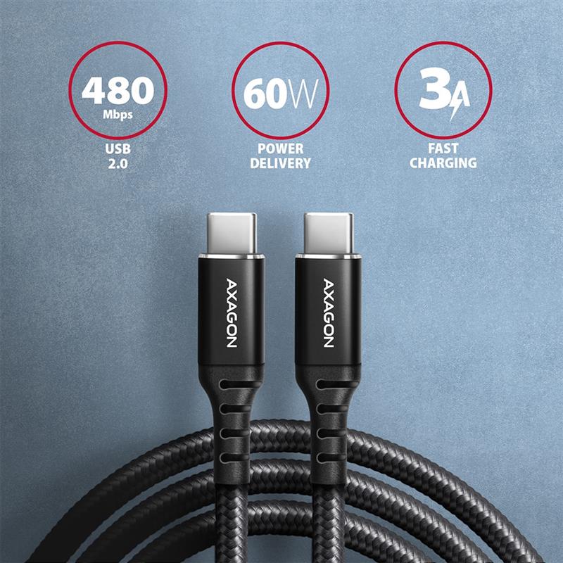 AXAGON cable USB-C <-> USB-C 2 0 2m PD 60W 3A ALU braid Black