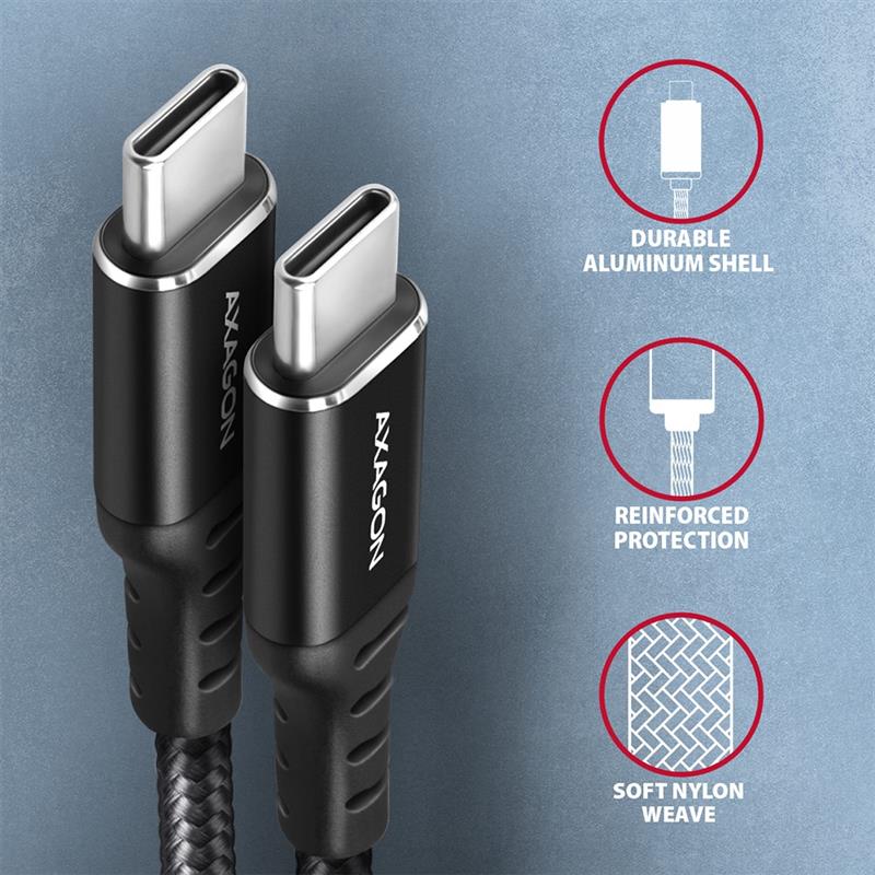 AXAGON cable USB-C <-> USB-C 2 0 2m PD 60W 3A ALU braid Black