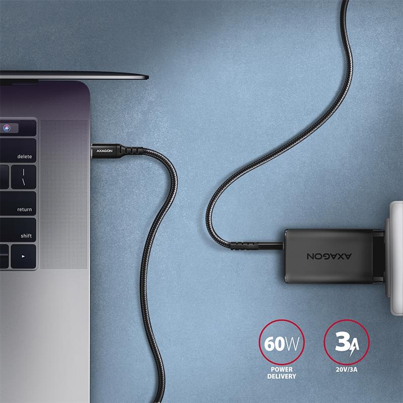 AXAGON cable USB-C <-> USB-C 2 0 2m PD 60W 3A ALU braid Black