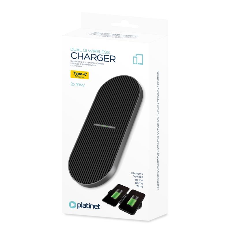 Platinet QI Wireless Charger - DUO 2x10W type C - zwart 2 telefoons gelijktijdig laden alleen lader zonder adapter en kabel 