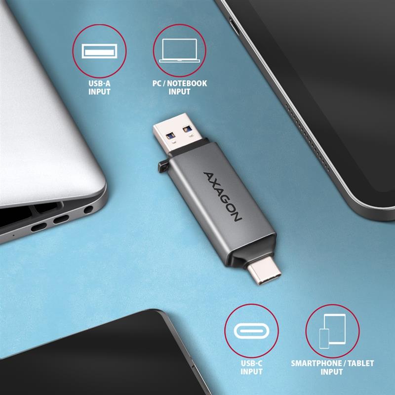 AXAGON USB-C USB-A 5 Gbps MINI card reader 2-slot lun SD microSD UHS-I