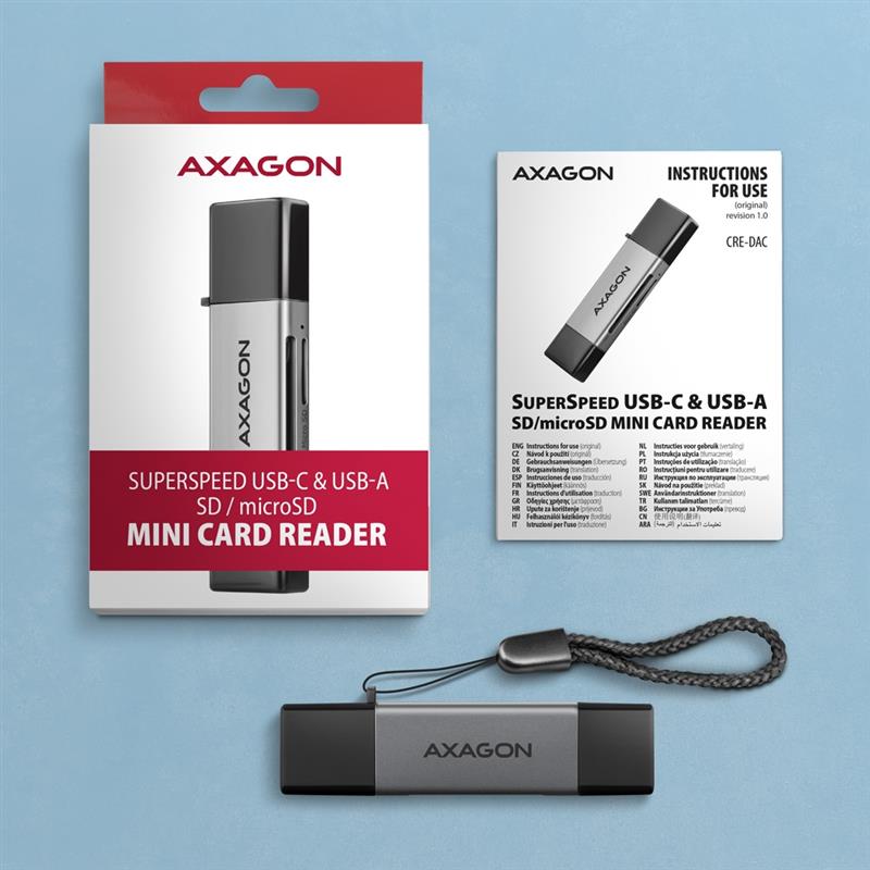 AXAGON USB-C USB-A 5 Gbps MINI card reader 2-slot lun SD microSD UHS-I