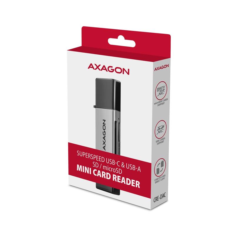 AXAGON USB-C USB-A 5 Gbps MINI card reader 2-slot lun SD microSD UHS-I