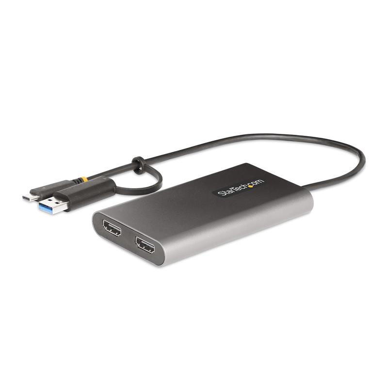 StarTech.com USB-C naar Dual-HDMI Adapter, USB-C of A naar 2x HDMI, 4K 60Hz, 100W Power Delivery Pass-Through, 30cm Ingebouwde Kabel, USB naar HDMI Mu