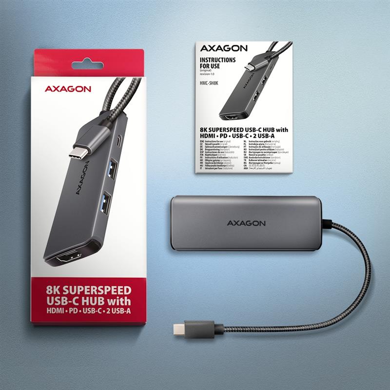 Axagon HMC-5H8K USB 5Gbps hub 2x USB-A USB-C HDMI 8k/30Hz PD 100W kabel USB-C Bedraad USB 3.2 Gen 1 (3.1 Gen 1) Type-C Grijs