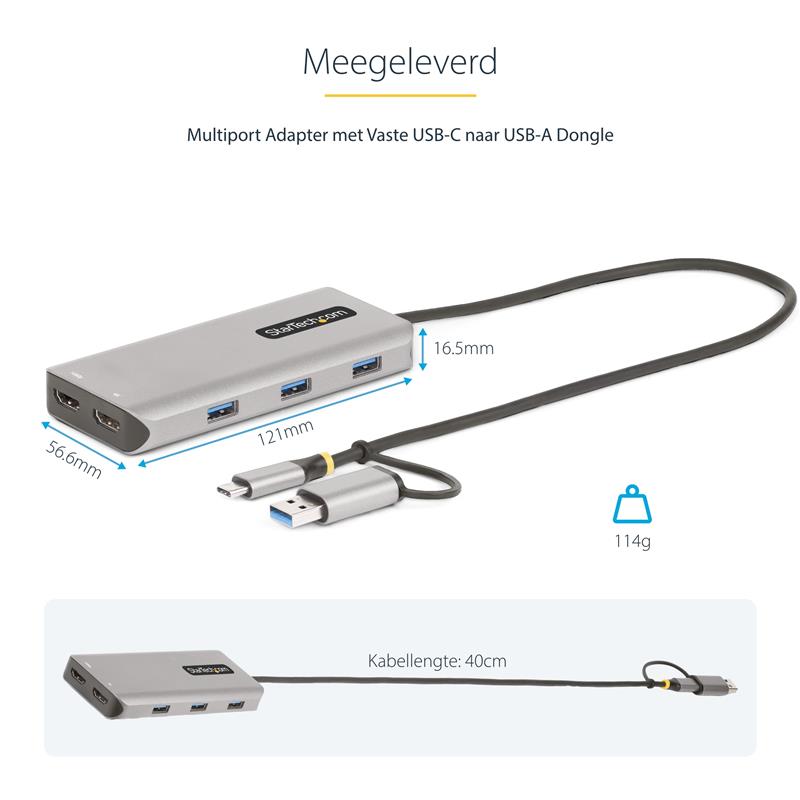 StarTech.com USB-C Multiport Adapter met Ingebouwde USB-C naar USB-A Dongle, Dual HDMI (4K30Hz/1080p60Hz), 3x USB-A 5Gbps, Mini Travel Dock, Laptop Do