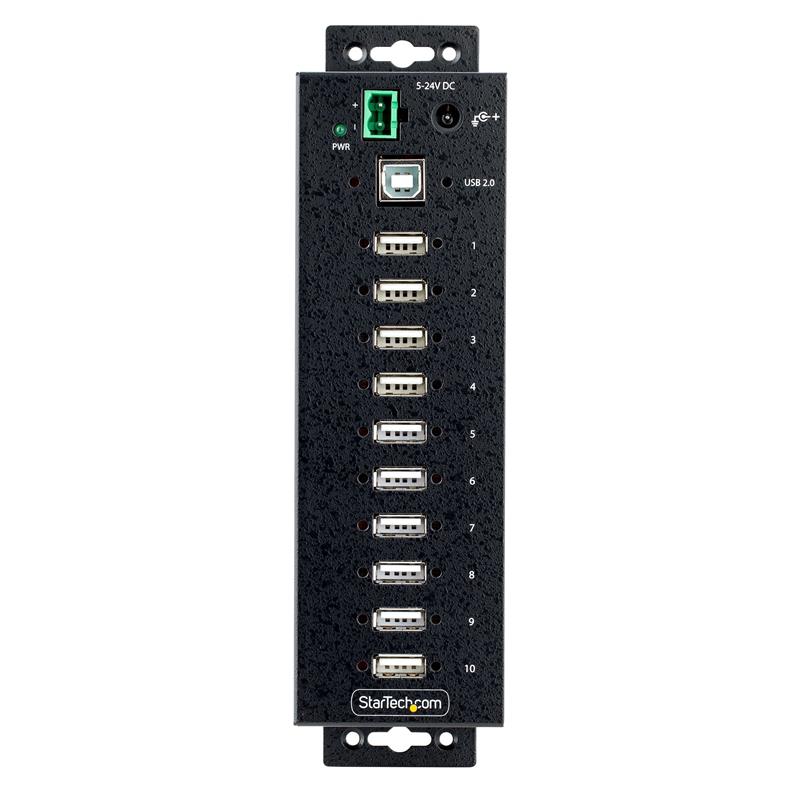 StarTech.com 10-Port Industriële USB 2.0 Hub, Rugged USB Hub met ESD Level 4 Bescherming, DIN/Wand/Bureau-Monteerbare USB-A HUB, USB Port Expander met