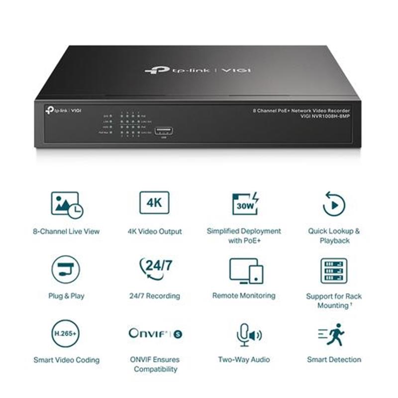 TP-Link VIGI NVR1008H-8MP Netwerk Video Recorder (NVR) Zwart
