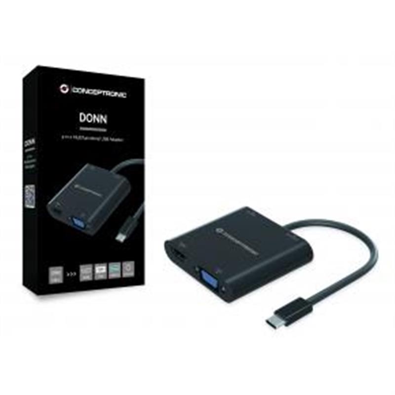Conceptronic DONN09B video kabel adapter 0,2 m USB Type-C HDMI + VGA (D-Sub) + USB Type-A + 3.5mm Zwart
