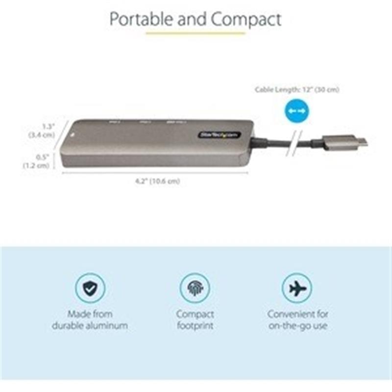 StarTech.com USB C Multiport Adapter - USB-C naar HDMI 2.0b 4K 60Hz (HDR10), 100W Power Delivery Pass-Through, 4-Port USB 3.0 Hub - USB Type-C Mini Do