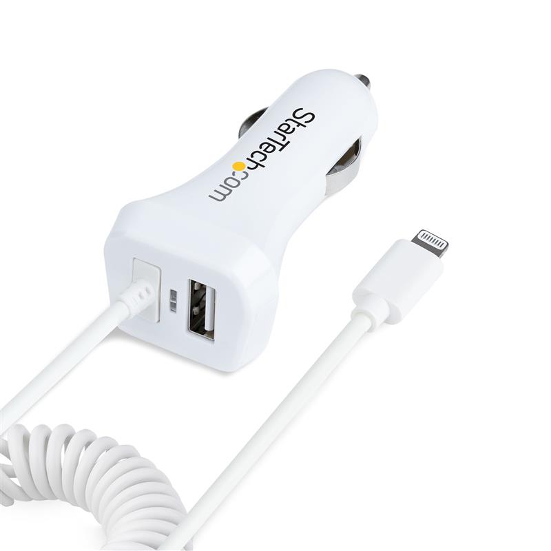 StarTech.com USB Autolader met 1m Lightning Spiraalkabel, 12W, Wit, 2 Port USB Tablet en Telefoon Oplader, Dubbele USB Car Charger, iPhone/iPad Autola