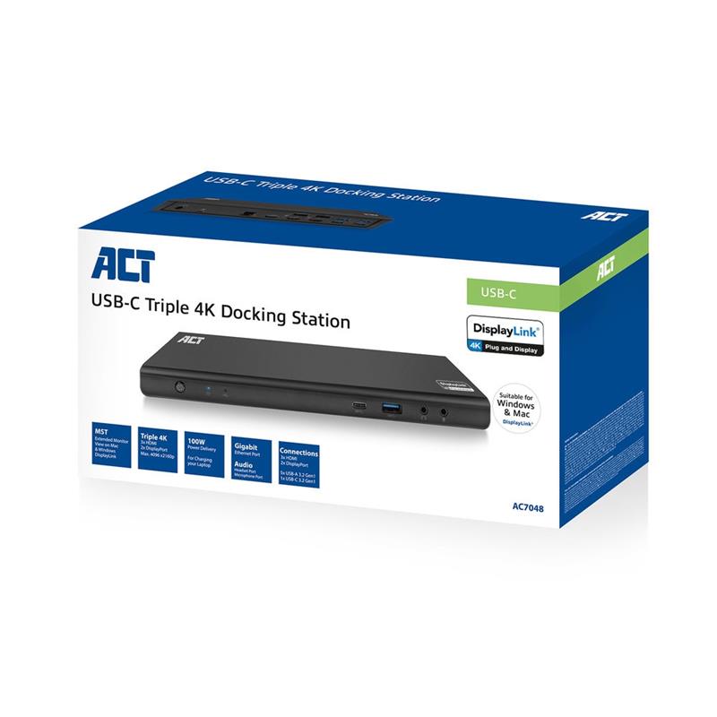 ACT AC7048 notebook dock & poortreplicator Bedraad USB 3.2 Gen 1 (3.1 Gen 1) Type-C Zwart