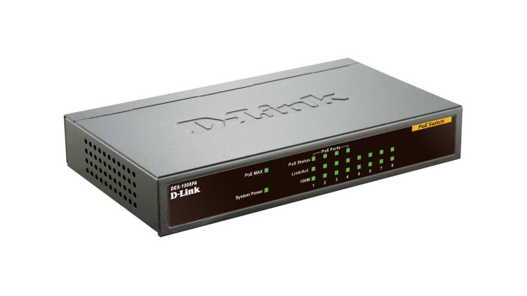 D-Link DES-1008PA netwerk-switch Unmanaged Fast Ethernet (10/100) Zwart Power over Ethernet (PoE)