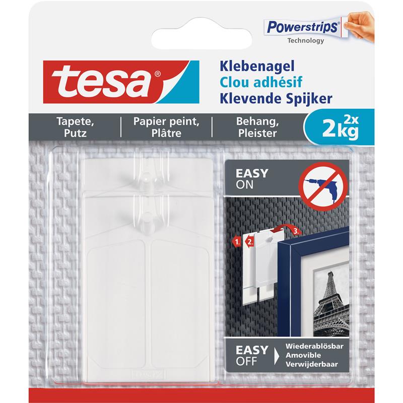 tesa adhesive nail 2pcs for wallpaper and plaster up to 2kg per nail white
