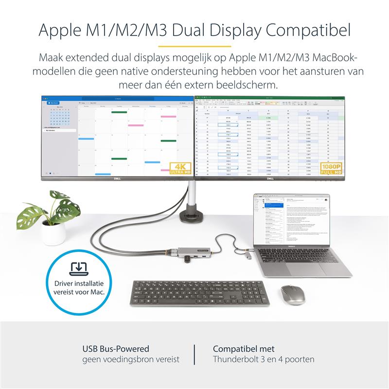 StarTech.com USB-C Multiport Adapter met Ingebouwde USB-C naar USB-A Dongle, Dual HDMI (4K30Hz/1080p60Hz), 3x USB-A 5Gbps, Mini Travel Dock, Laptop Do