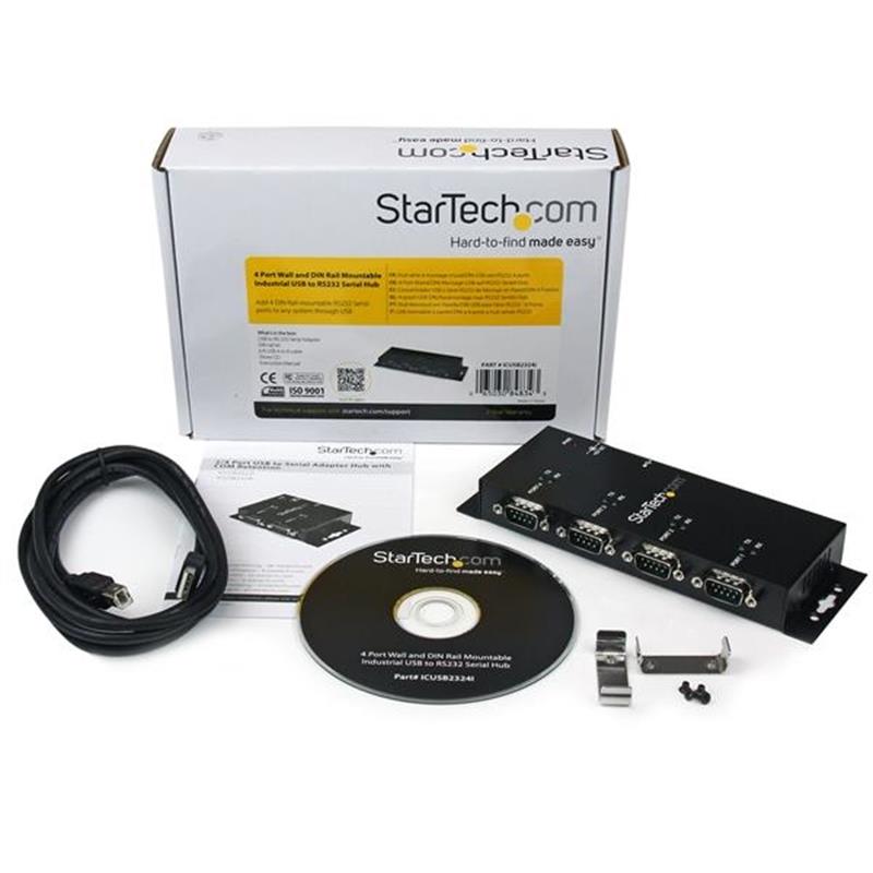 StarTech.com 4-poort USB naar DB9 RS232 Seriële Adapter Hub Industrieel DIN-rail en Wandmontage