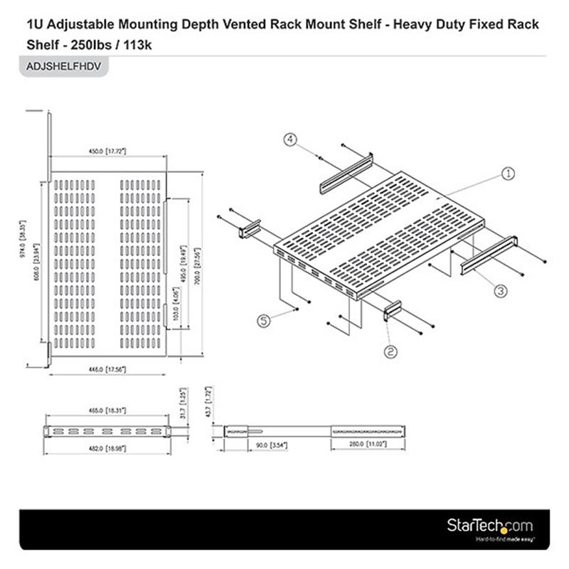 StarTech.com 1U Verstelbare Geventileerde Plank Rackmontage Robuuste Vaste Plank Serverrack Serverkast 113kg