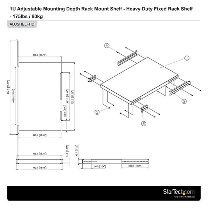 StarTech.com 1U Verstelbare rack plank Robuuste vaste rackmount plank voor serverrack / serverkast 80kg