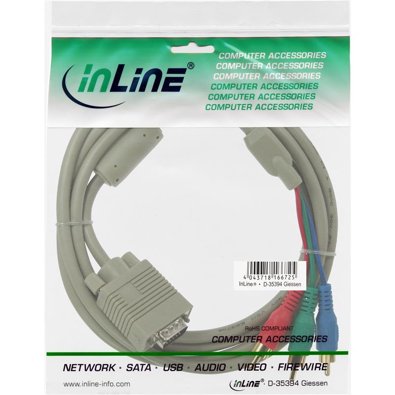 InLine Monitorkabel 15-pins HD Male naar 3x Tulpplug rood groen blauw 2m