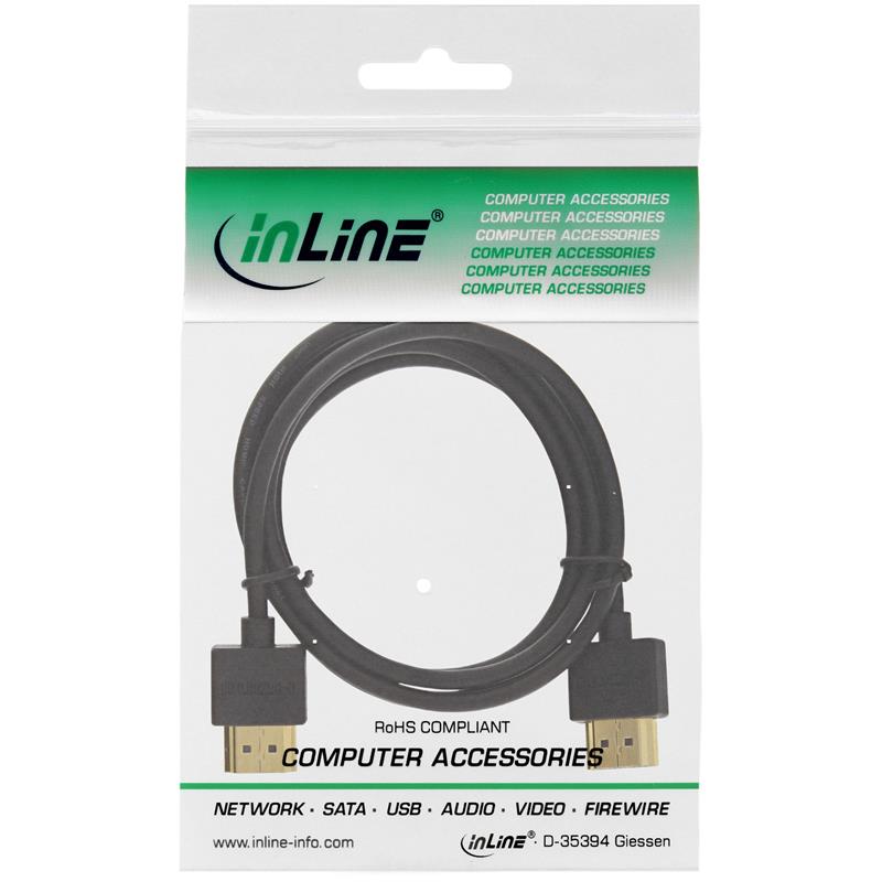 InLine High Speed HDMI Cable with Ethernet Type A to A male super slim black gold 1m