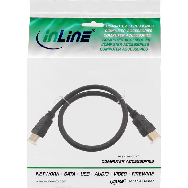 InLine High Speed HDMI Cable with Ethernet male to male gold plated black 0 5m