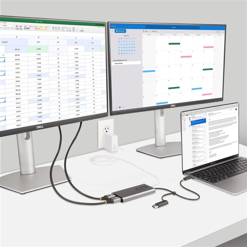 StarTech.com USB-C naar Dual-HDMI Adapter, USB-C of A naar 2x HDMI, 4K 60Hz, 100W Power Delivery Pass-Through, 30cm Ingebouwde Kabel, USB naar HDMI Mu