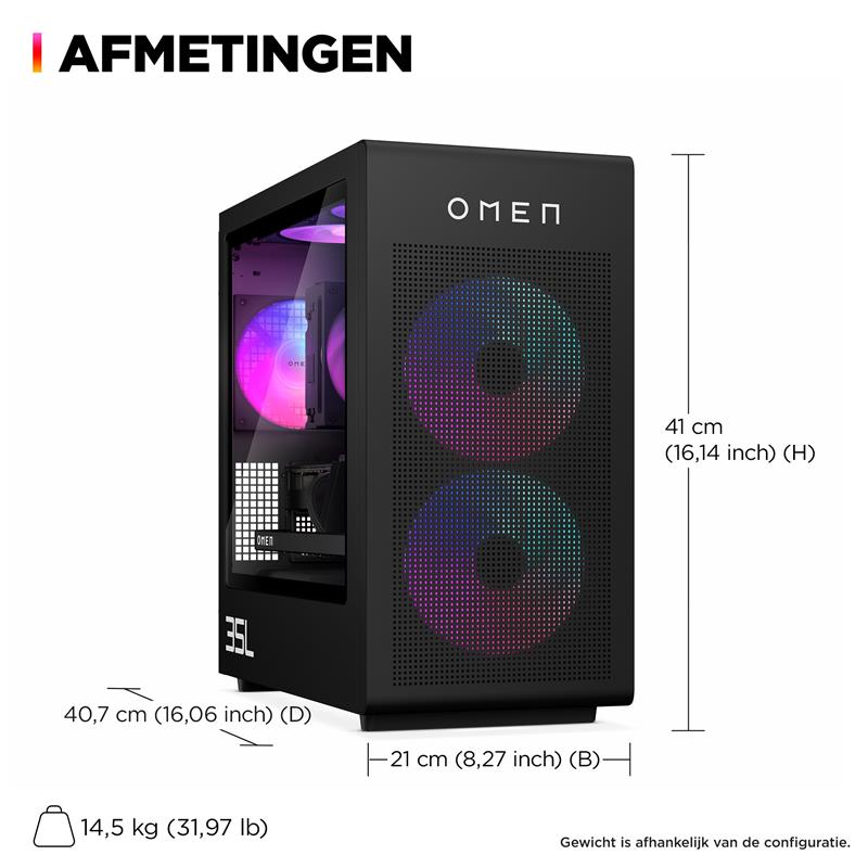 HP OMEN 35L GT16-0075nd Intel® Core™ i7 i7-14700F 32 GB DDR5-SDRAM 2 TB SSD NVIDIA GeForce RTX 4070 Ti Super Windows 11 Home Tower PC Zwart