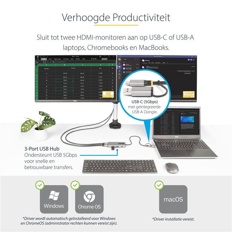 StarTech.com USB-C Multiport Adapter met Ingebouwde USB-C naar USB-A Dongle, Dual HDMI (4K30Hz/1080p60Hz), 3x USB-A 5Gbps, Mini Travel Dock, Laptop Do