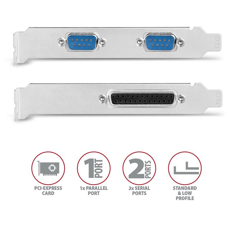 Axagon PCEA-PSN PCIe-Adapter mit 1x Parallel-+ 2x Seriell-Ports - ASIX AX99100 interfacekaart/-adapter Intern Parallel, RS-232