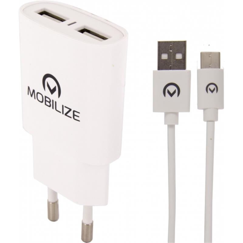 Mobilize Wall Charger 2x USB USB-C Cable 12W 1m White