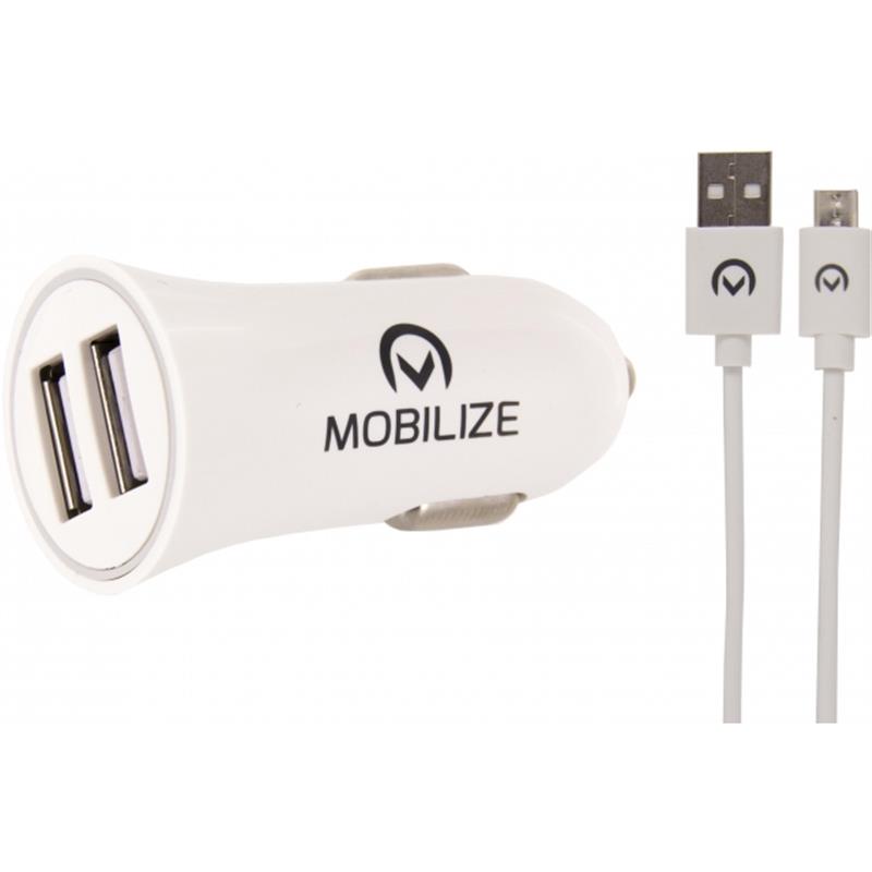 Mobilize Car Charger 2x USB USB to Micro USB Cable 12W 1m White