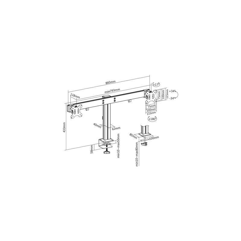 InLine Aluminium monitor desk mount for 2 monitors up to 32 8kg