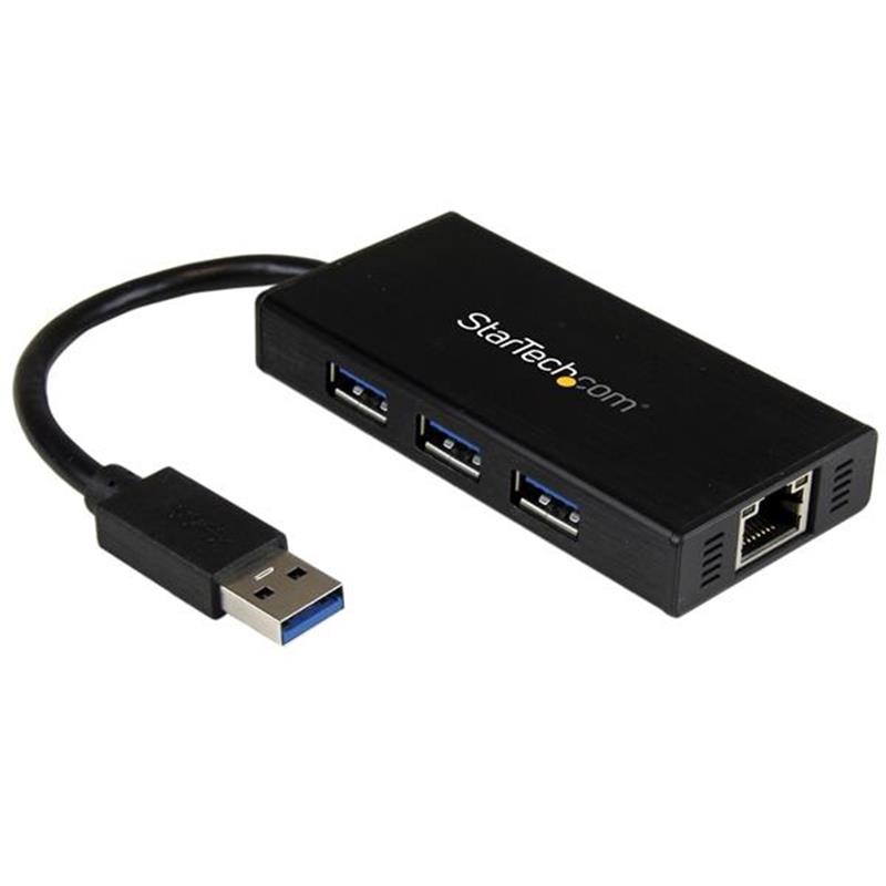 StarTech.com 3-poorts draagbare USB 3.0-hub plus Gigabit Ethernet aluminium met geintegreerde kabel