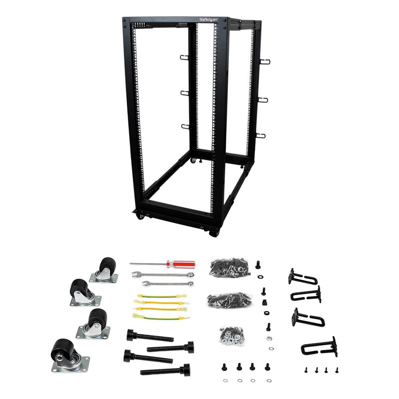 StarTech.com 25U open-frame server rack kast met 4 stijlen met instelbare diepte incl. zwenkwielen/stelpoten en kabelhaken