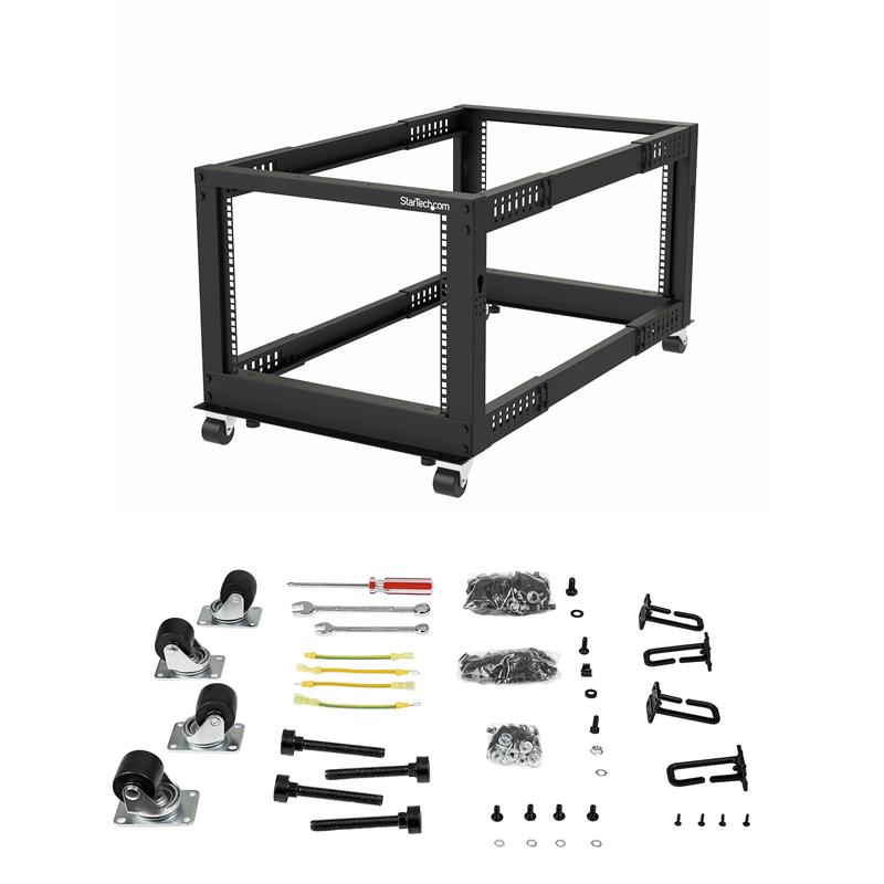 StarTech.com 12U open-frame serverrack met 4 stijlen met verstelbare diepte incl. zwenkwielen/stelpoten en kabelhaken