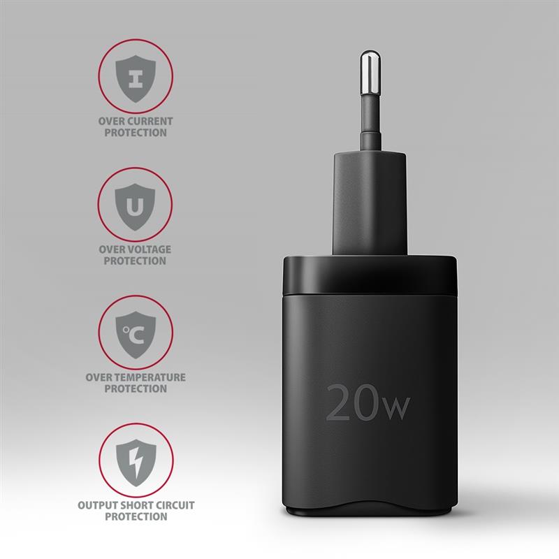 Axagon ACU-PD20 wall charger 1x QC3.0/AFC/FCP/PD type-C, 20W, black Mobiele telefoon, Smartphone, Smartwatch, Tablet, Universeel, Horloge Zwart AC Sne