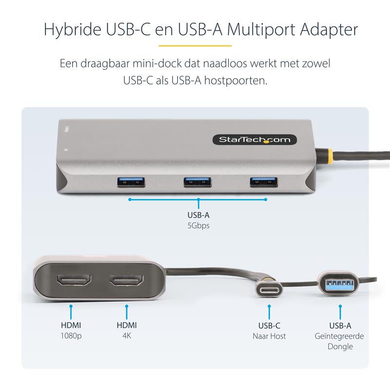 StarTech.com USB-C Multiport Adapter met Ingebouwde USB-C naar USB-A Dongle, Dual HDMI (4K30Hz/1080p60Hz), 3x USB-A 5Gbps, Mini Travel Dock, Laptop Do